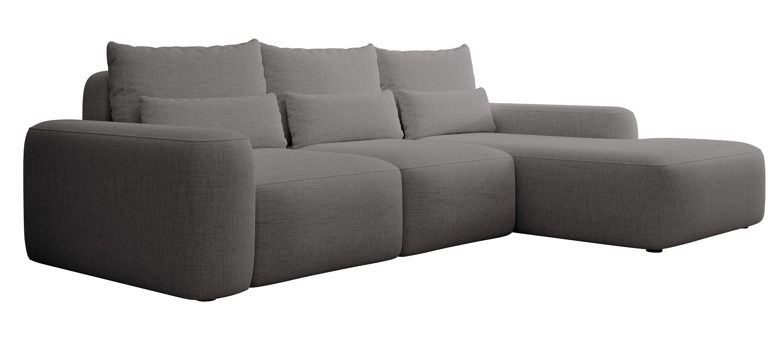 Ecksofa mit Schlaffunktion Carnos, L-förmig, mit zusätzlichen Lendenkissen, dunkelgrauer hydrophober Chenille, rechtsseitig