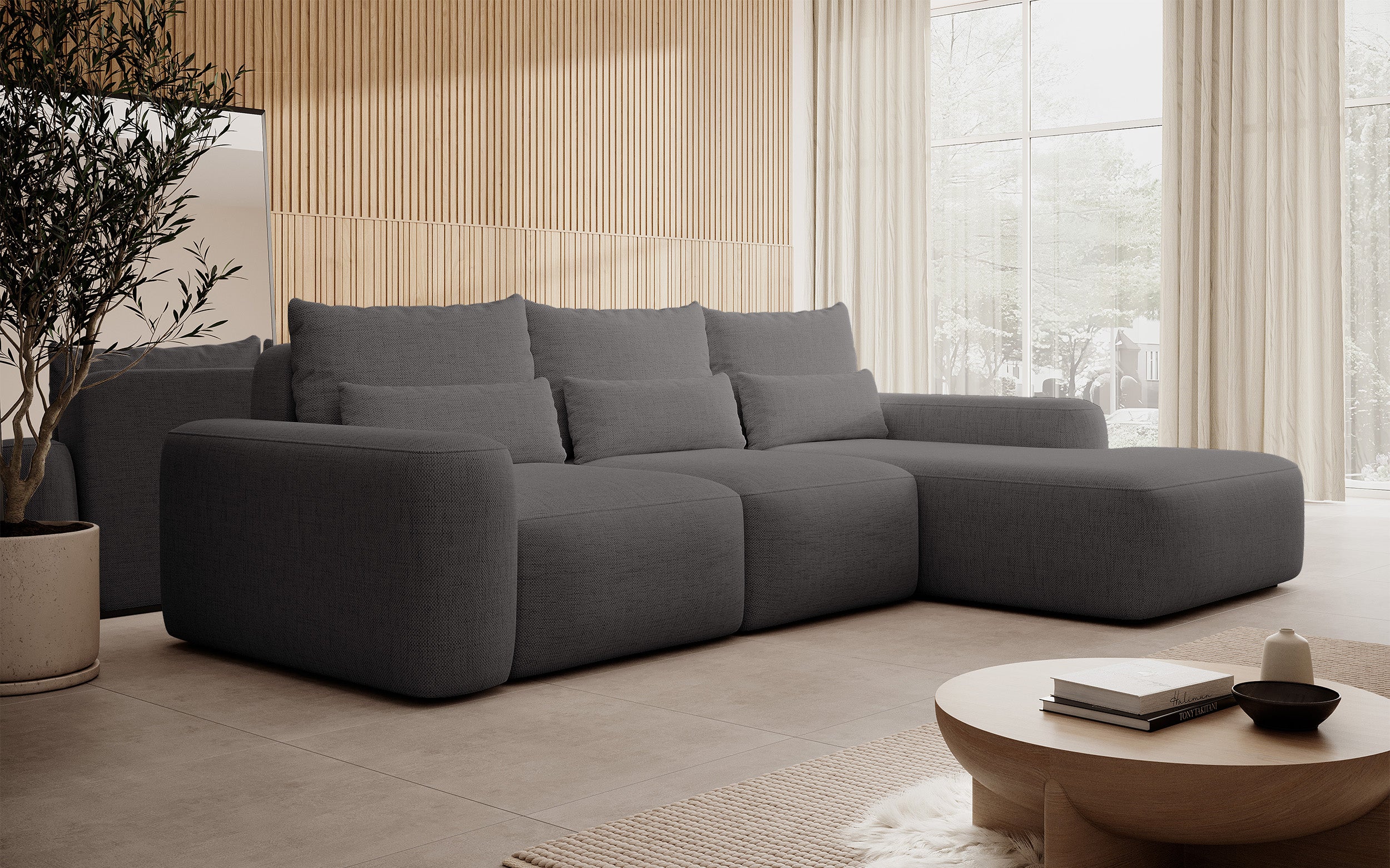 Ecksofa mit Schlaffunktion Carnos, L-förmig, mit zusätzlichen Lendenkissen, dunkelgrauer hydrophober Chenille, rechtsseitig