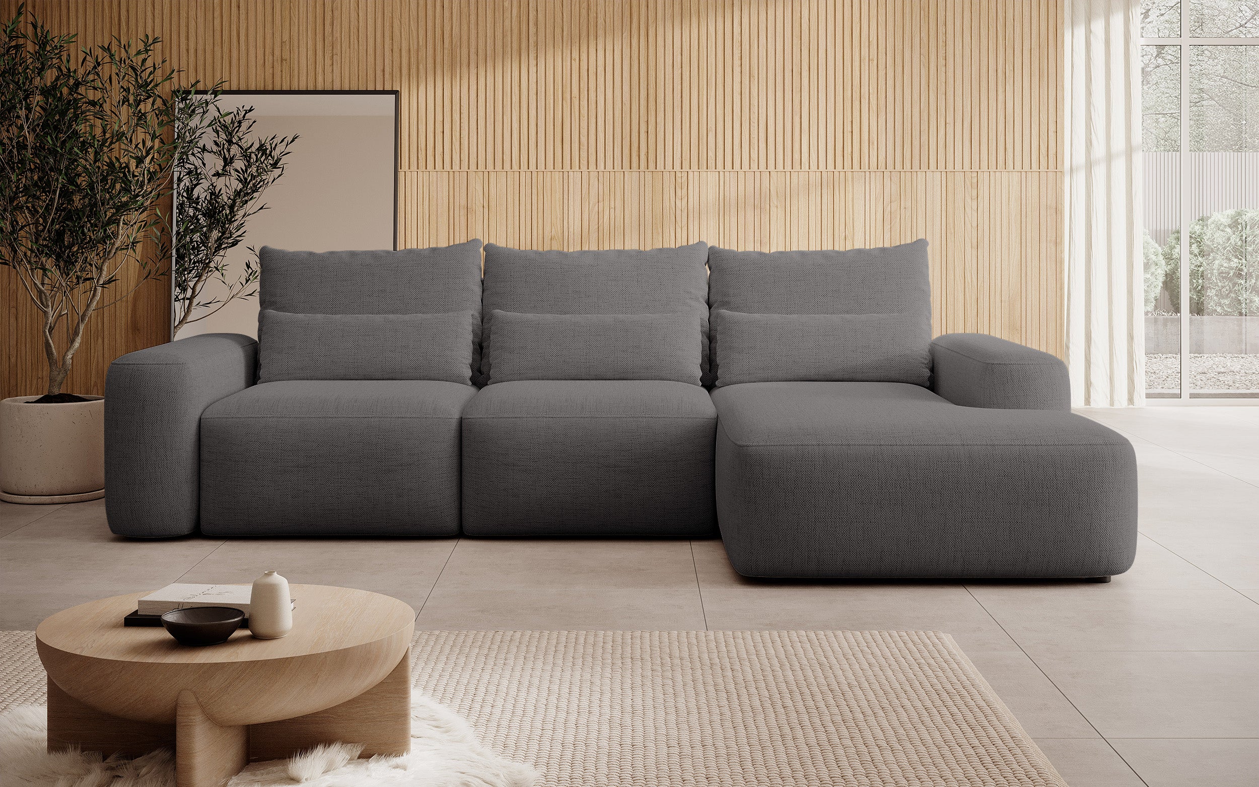 Ecksofa mit Schlaffunktion Carnos, L-förmig, mit zusätzlichen Lendenkissen, dunkelgrauer hydrophober Chenille, rechtsseitig