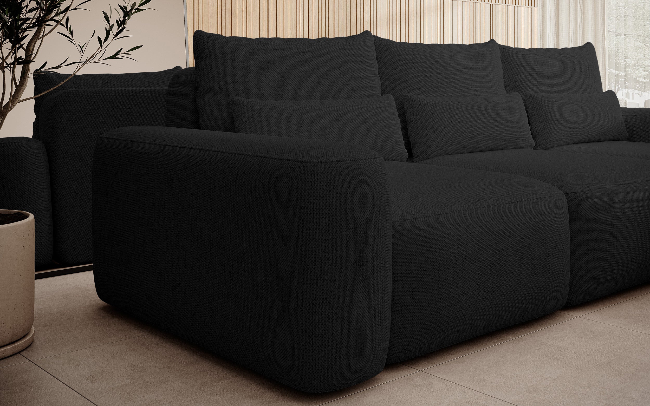 Ecksofa mit Schlaffunktion Carnos, L-förmig, mit zusätzlichen Lendenkissen, schwarzer hydrophober Chenille, rechtsseitig