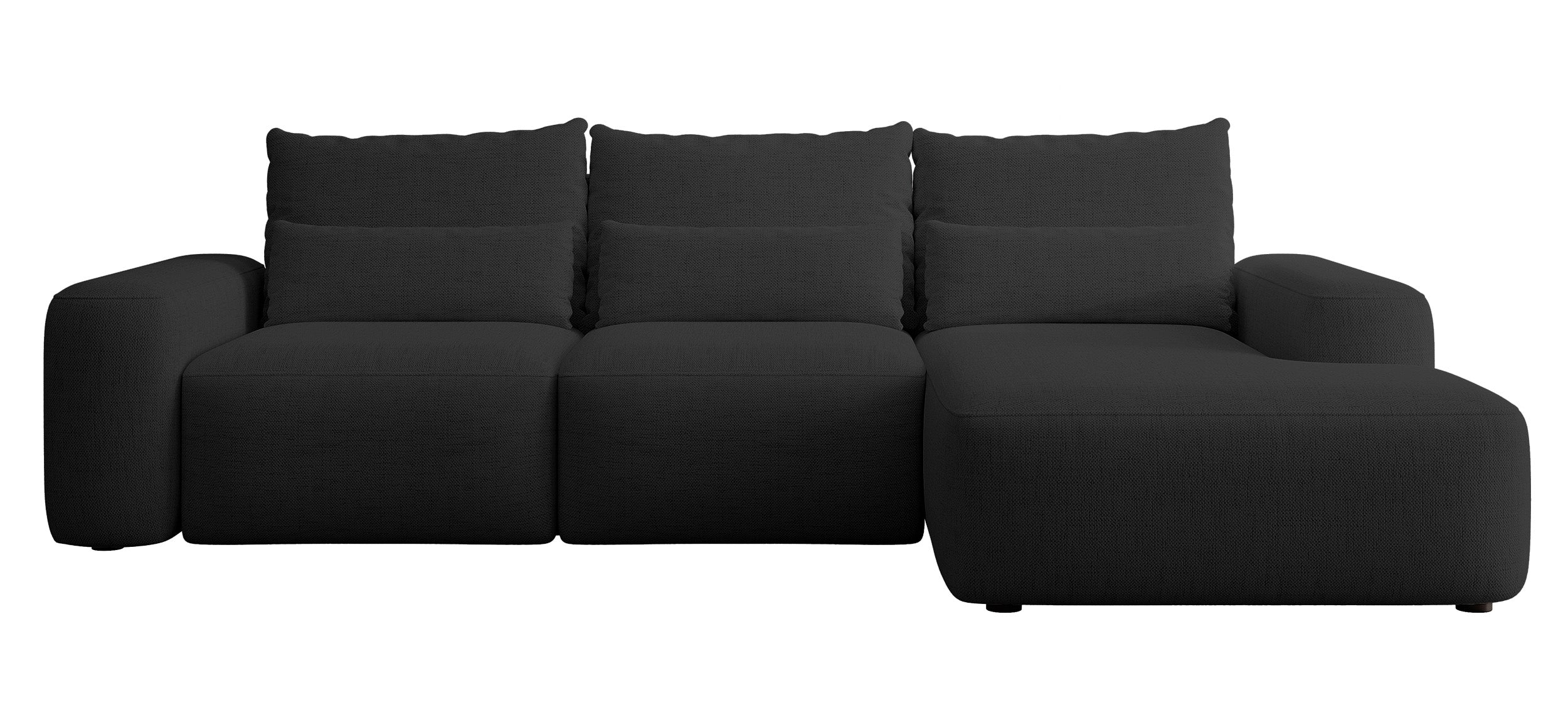 Ecksofa mit Schlaffunktion Carnos, L-förmig, mit zusätzlichen Lendenkissen, schwarzer hydrophober Chenille, rechtsseitig