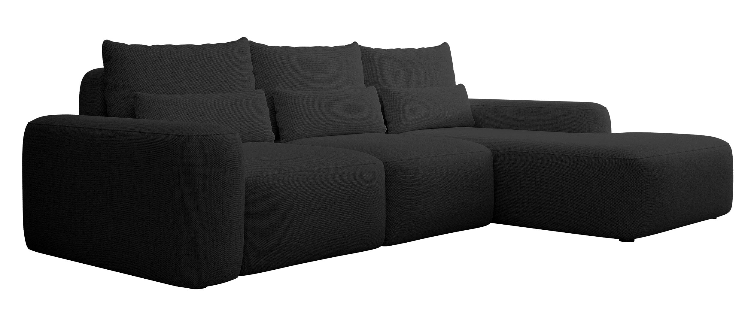 Ecksofa mit Schlaffunktion Carnos, L-förmig, mit zusätzlichen Lendenkissen, schwarzer hydrophober Chenille, rechtsseitig