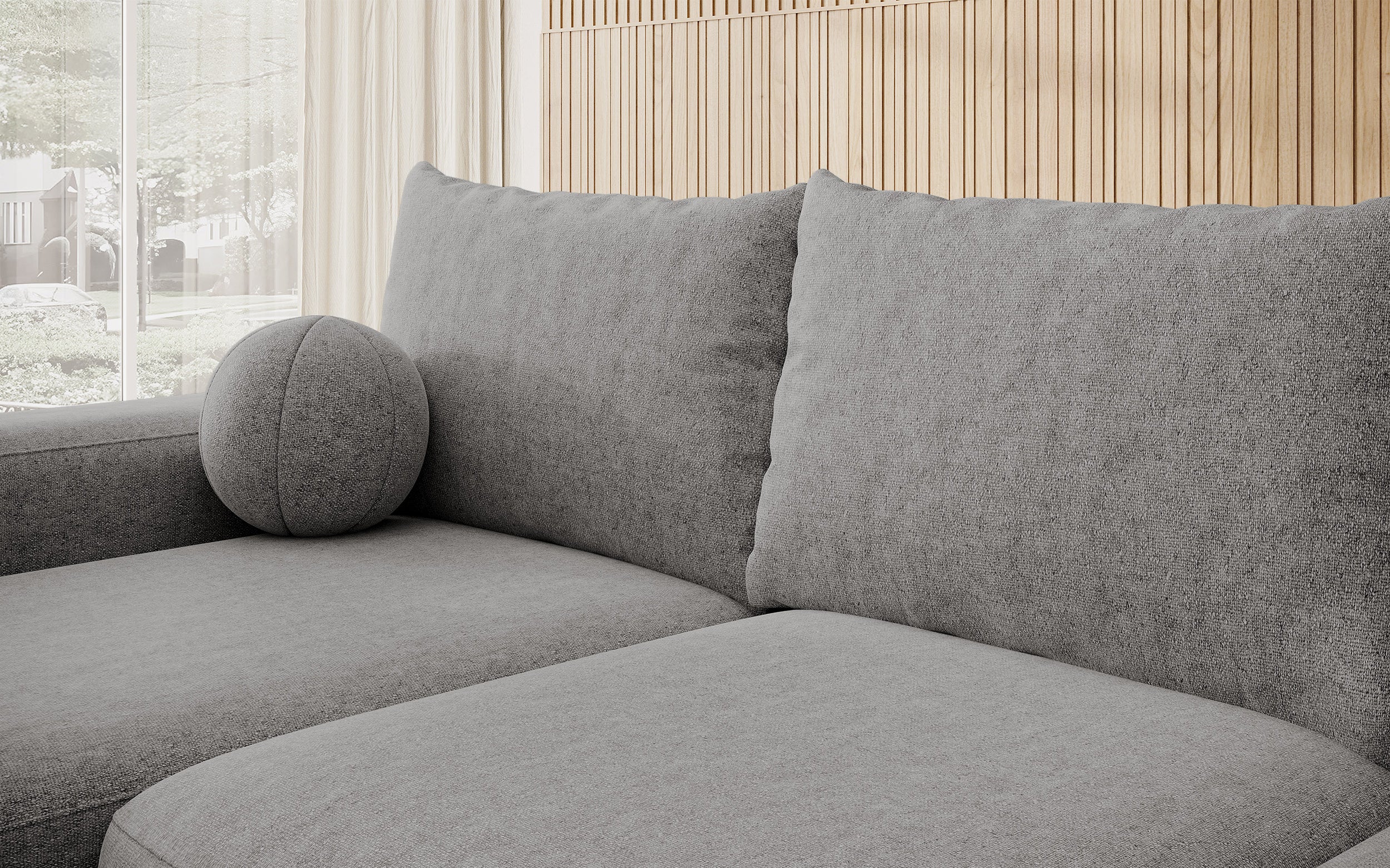 Ecksofa mit Schlaffunktion Carnos, L-förmig mit Ball, einzelne Kissen, dunkelgrauer hydrophober Chenille, linksseitig
