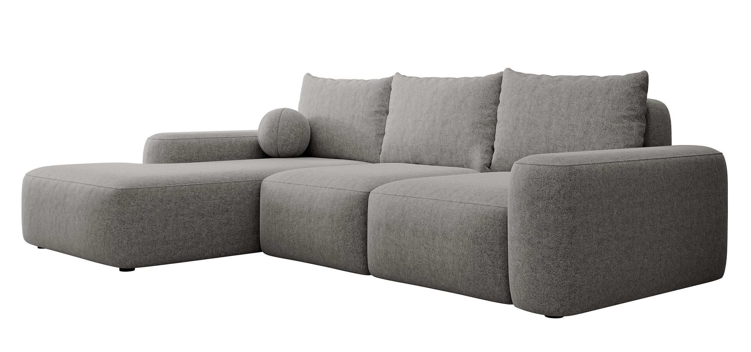 Ecksofa mit Schlaffunktion Carnos, L-förmig mit Ball, einzelne Kissen, dunkelgrauer hydrophober Chenille, linksseitig