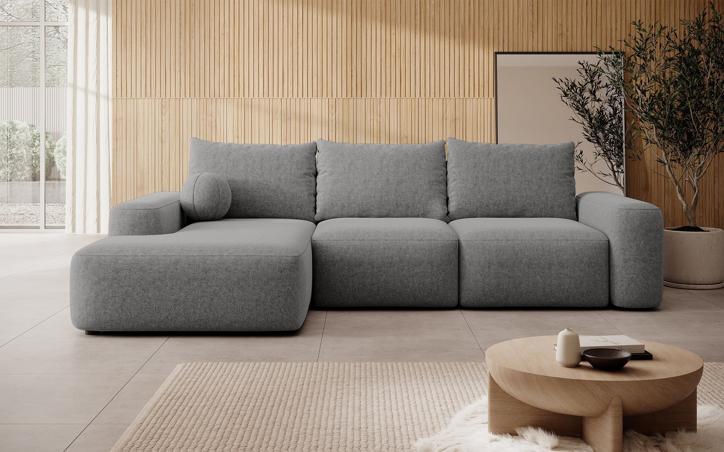 Ecksofa mit Schlaffunktion Carnos, L-förmig mit Ball, einzelne Kissen, dunkelgrauer hydrophober Chenille, linksseitig
