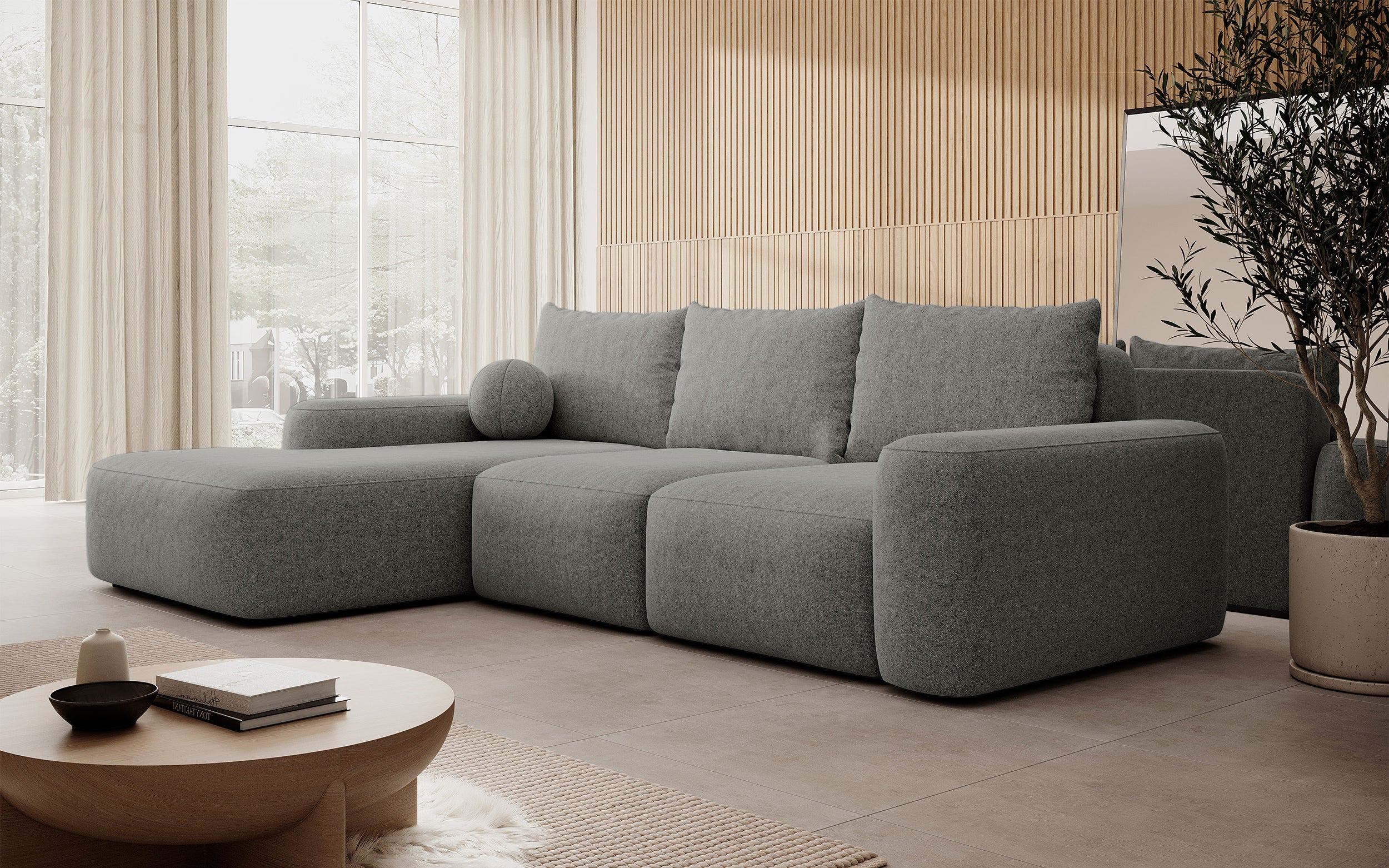 Ecksofa mit Schlaffunktion Carnos, L-förmig mit Ball, einzelne Kissen, dunkelgrauer hydrophober Chenille, linksseitig