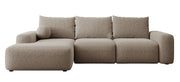 Ecksofa mit Schlaffunktion Carnos, L-förmig, mit Ball, einzelne Kissen, hellbrauner hydrophober Chenille, linksseitig
