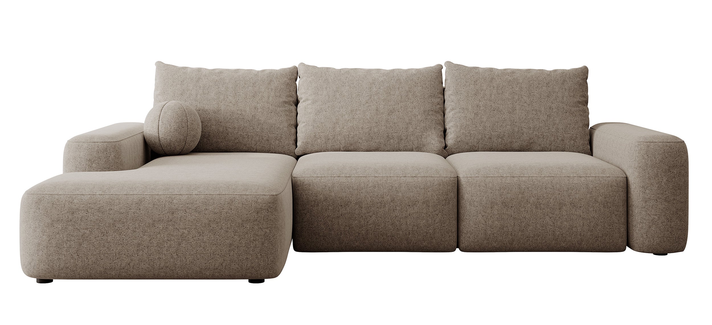 Ecksofa mit Schlaffunktion Carnos, L-förmig, mit Ball, einzelne Kissen, hellbrauner hydrophober Chenille, linksseitig