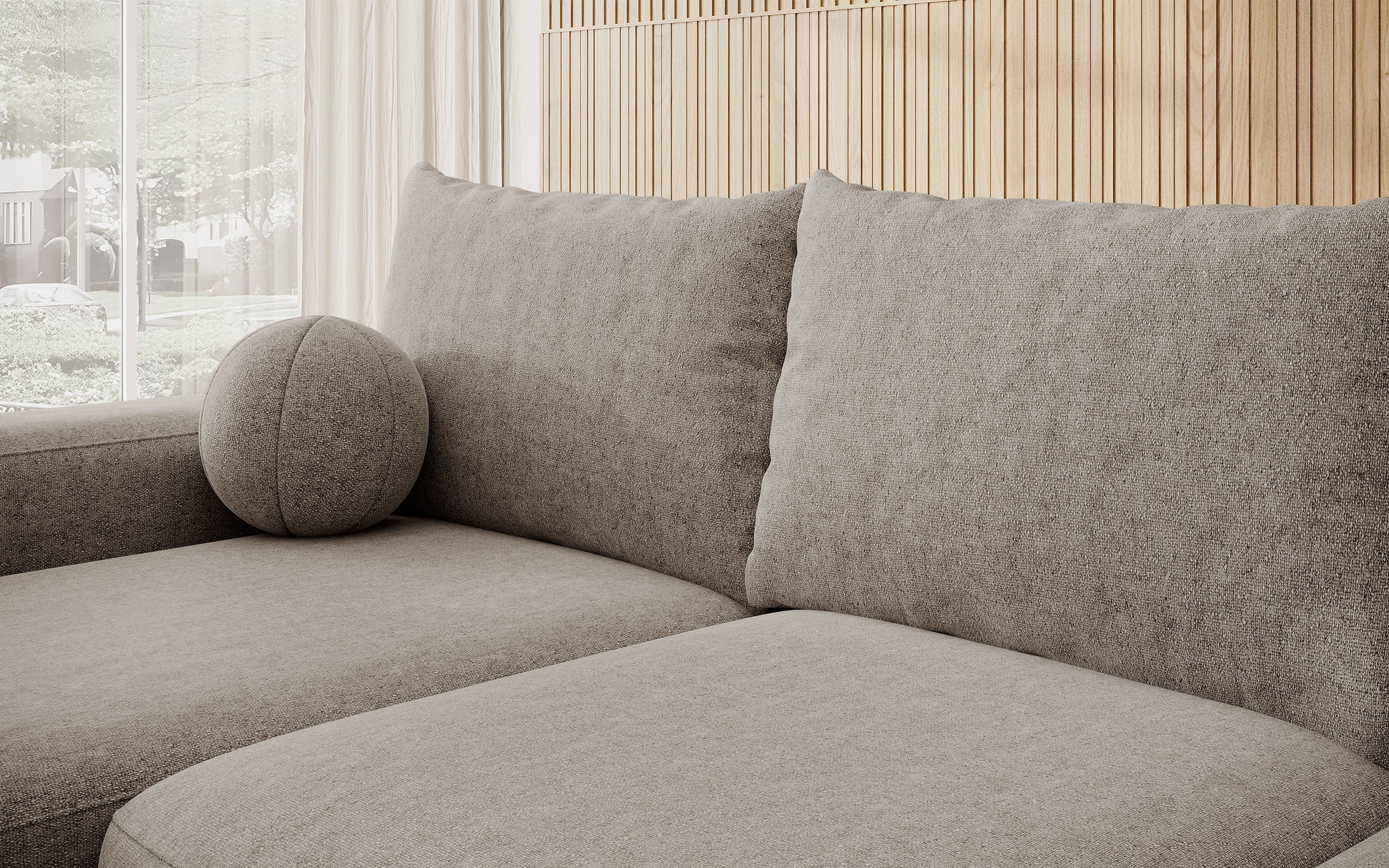 Ecksofa mit Schlaffunktion Carnos, L-förmig, mit Ball, einzelne Kissen, hellbrauner hydrophober Chenille, linksseitig