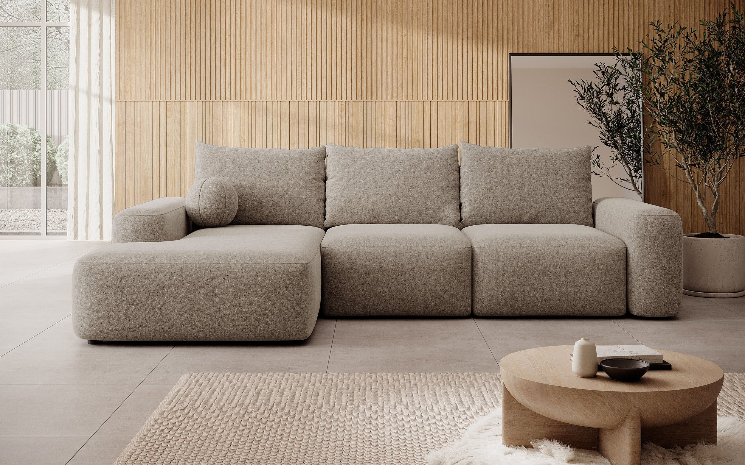 Ecksofa mit Schlaffunktion Carnos, L-förmig, mit Ball, einzelne Kissen, hellbrauner hydrophober Chenille, linksseitig