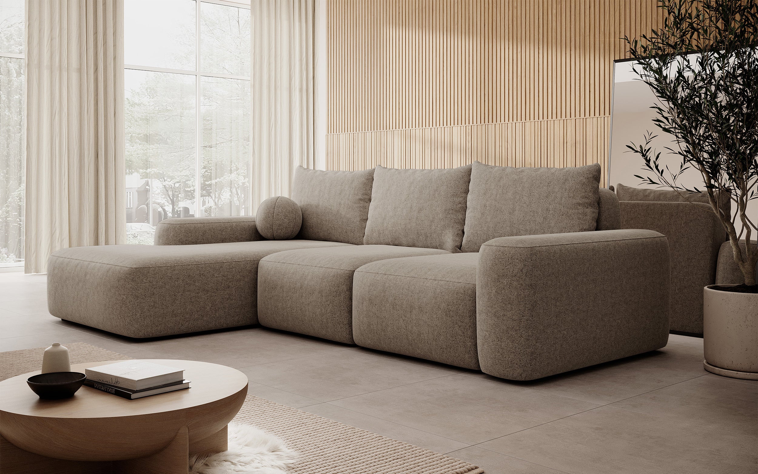 Ecksofa mit Schlaffunktion Carnos, L-förmig, mit Ball, einzelne Kissen, hellbrauner hydrophober Chenille, linksseitig