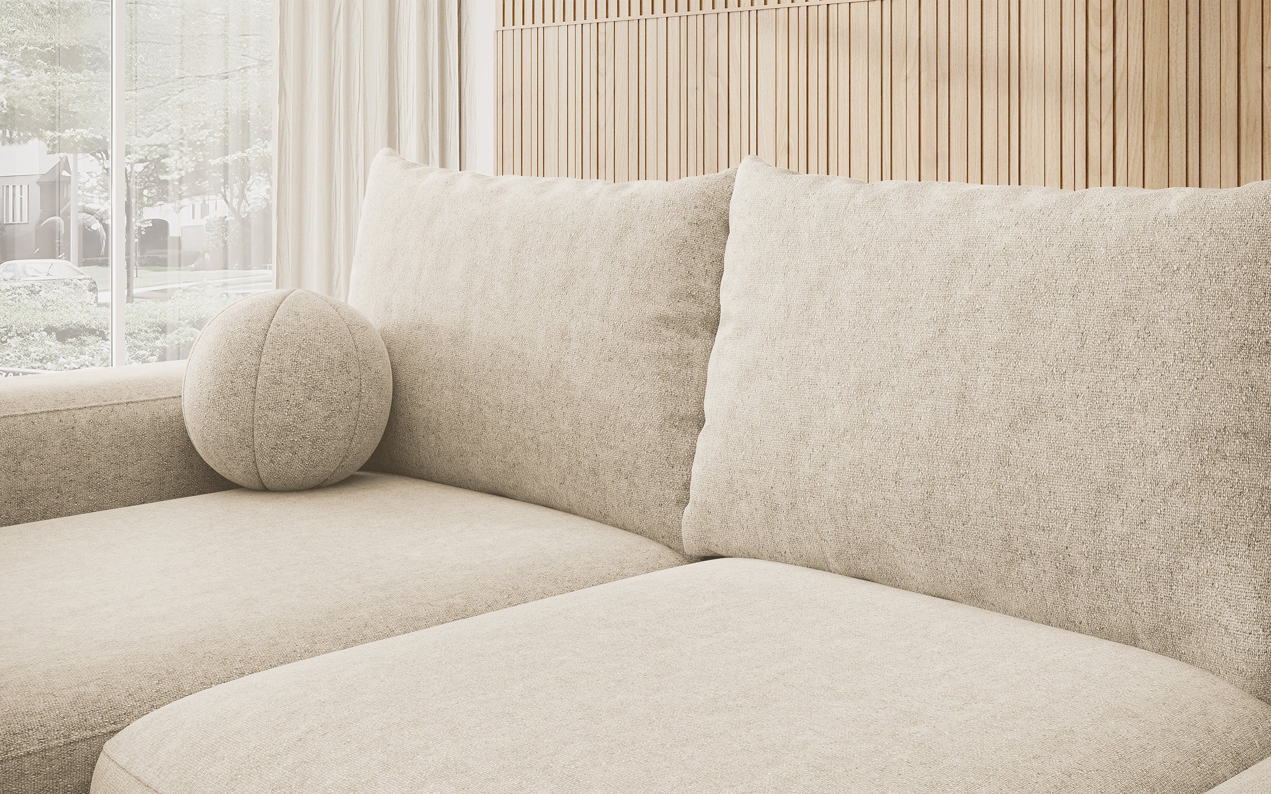 Ecksofa mit Schlaffunktion Carnos, L-förmig, mit Ball, einzelne Kissen, beiger hydrophober Chenille, linksseitig