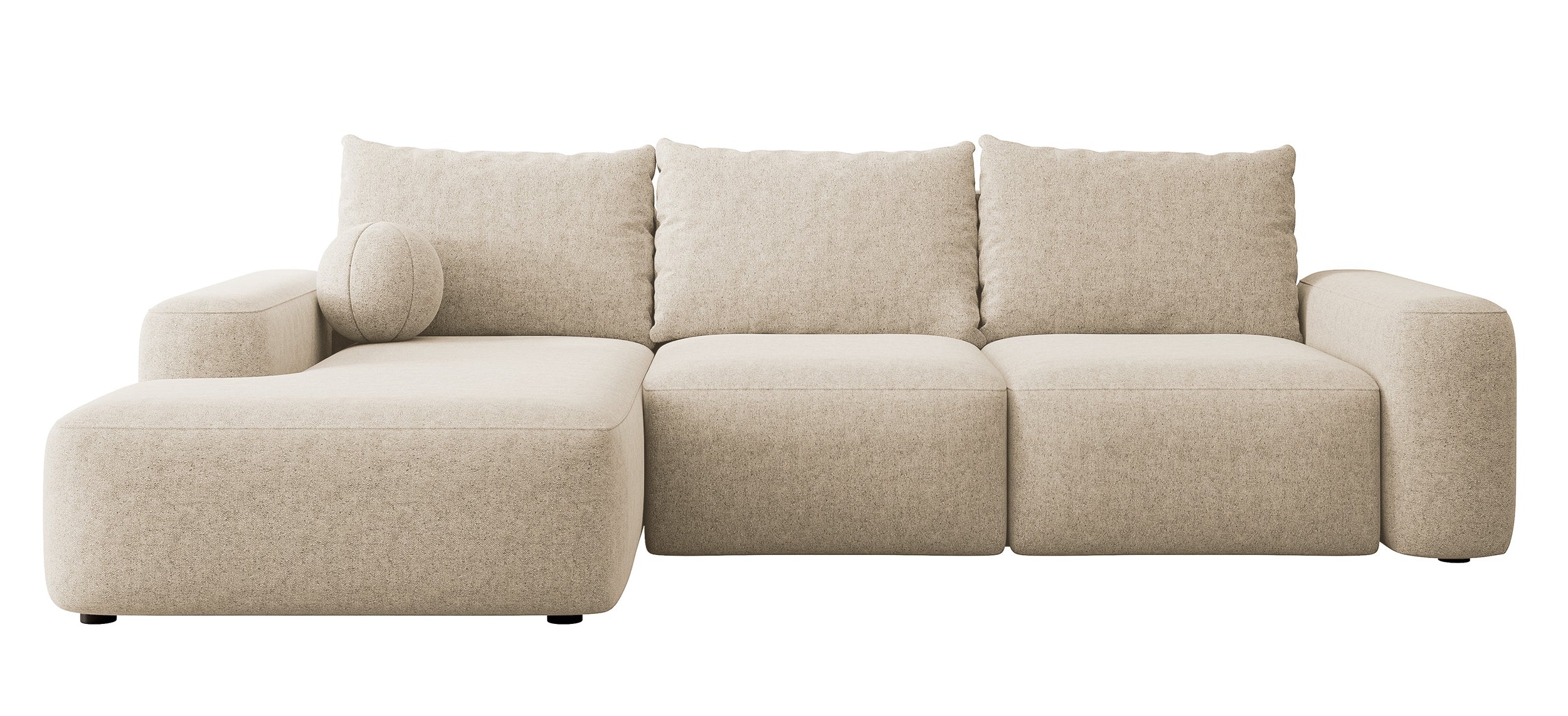 Ecksofa mit Schlaffunktion Carnos, L-förmig, mit Ball, einzelne Kissen, beiger hydrophober Chenille, linksseitig