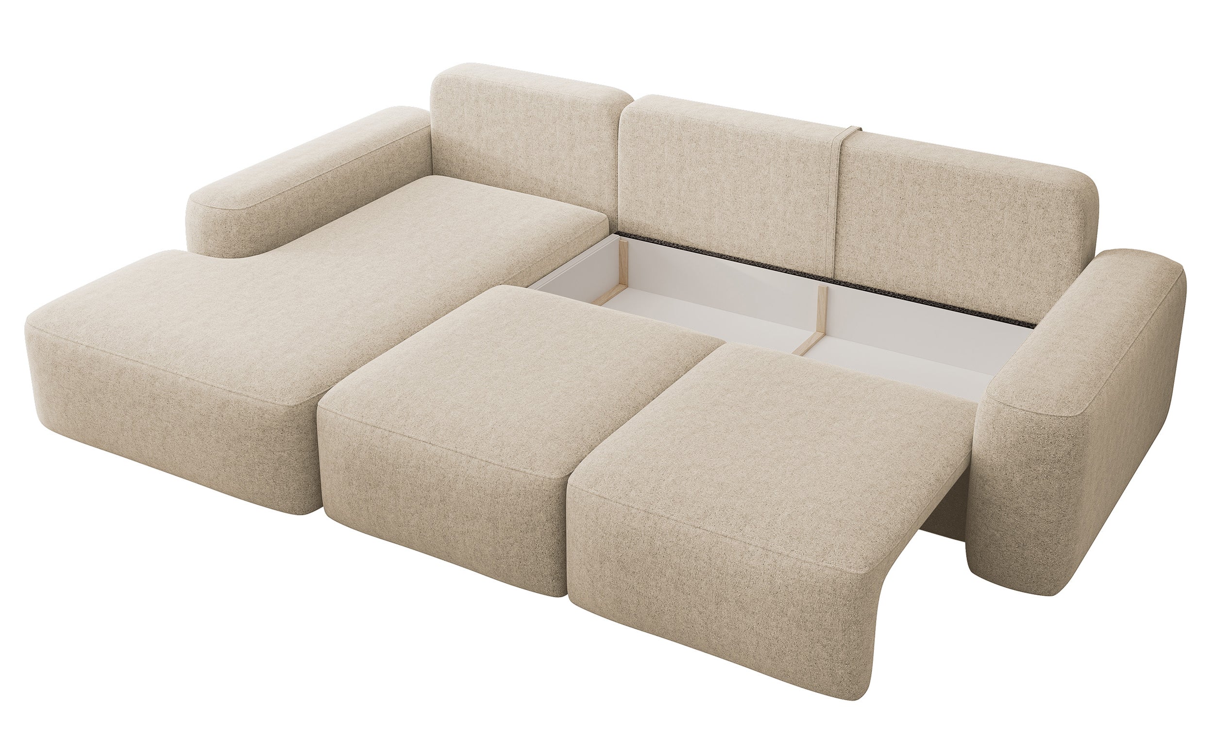 Ecksofa mit Schlaffunktion Carnos, L-förmig, mit Ball, einzelne Kissen, beiger hydrophober Chenille, linksseitig