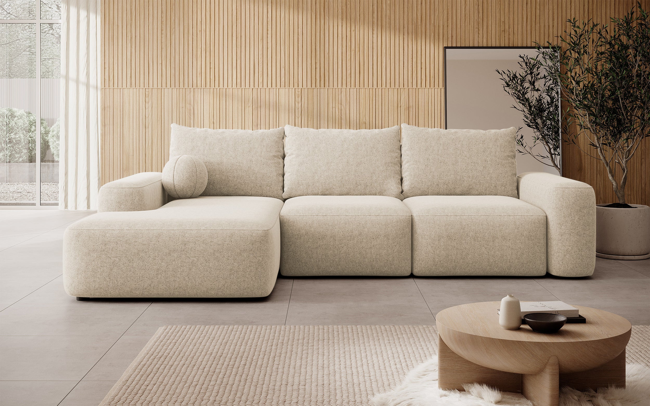 Ecksofa mit Schlaffunktion Carnos, L-förmig, mit Ball, einzelne Kissen, beiger hydrophober Chenille, linksseitig