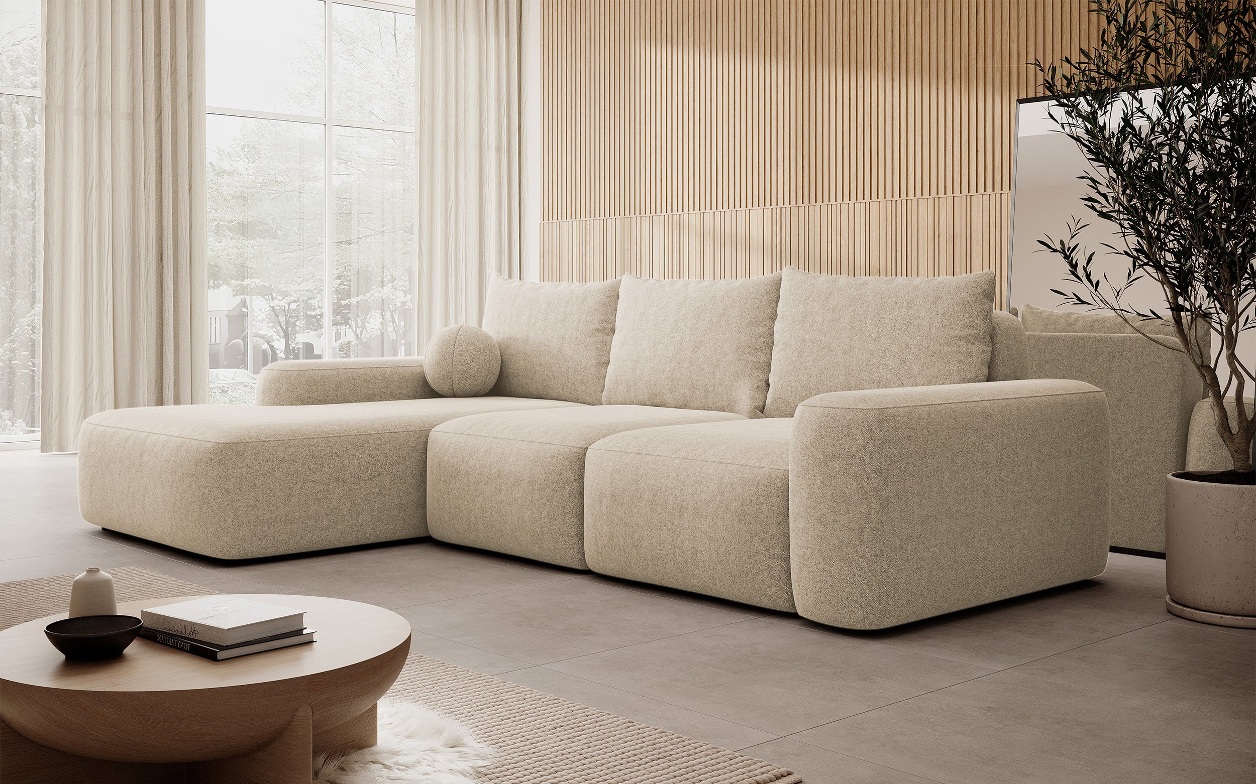 Ecksofa mit Schlaffunktion Carnos, L-förmig, mit Ball, einzelne Kissen, beiger hydrophober Chenille, linksseitig