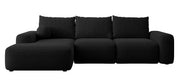 Ecksofa mit Schlafunktion Carnos L-förmig mit Ball, einzelne Kissen, schwarzer hydrophober Chenille, linksseitig