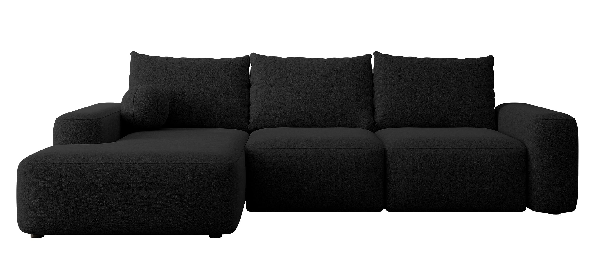 Ecksofa mit Schlafunktion Carnos L-förmig mit Ball, einzelne Kissen, schwarzer hydrophober Chenille, linksseitig