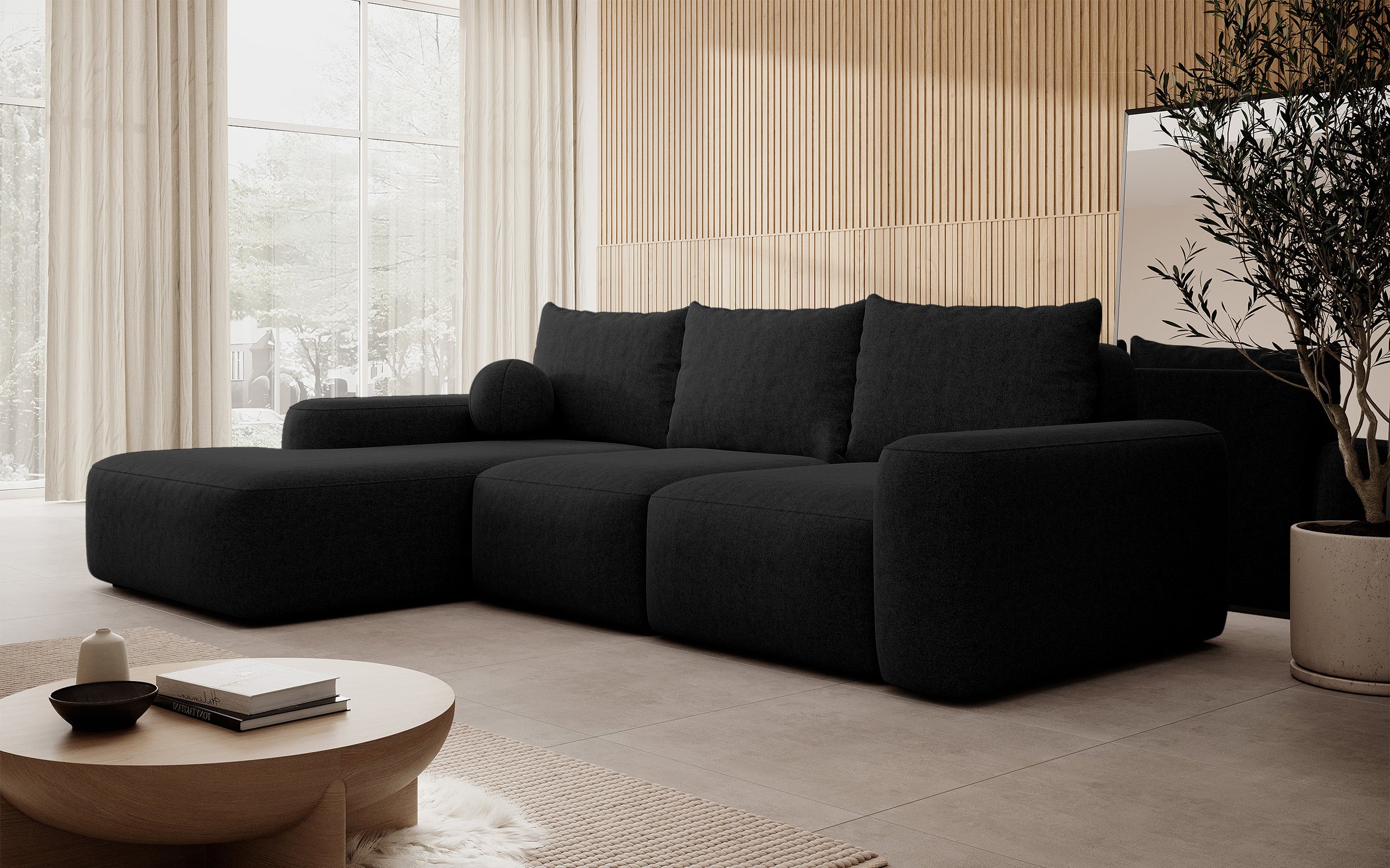 Ecksofa mit Schlafunktion Carnos L-förmig mit Ball, einzelne Kissen, schwarzer hydrophober Chenille, linksseitig