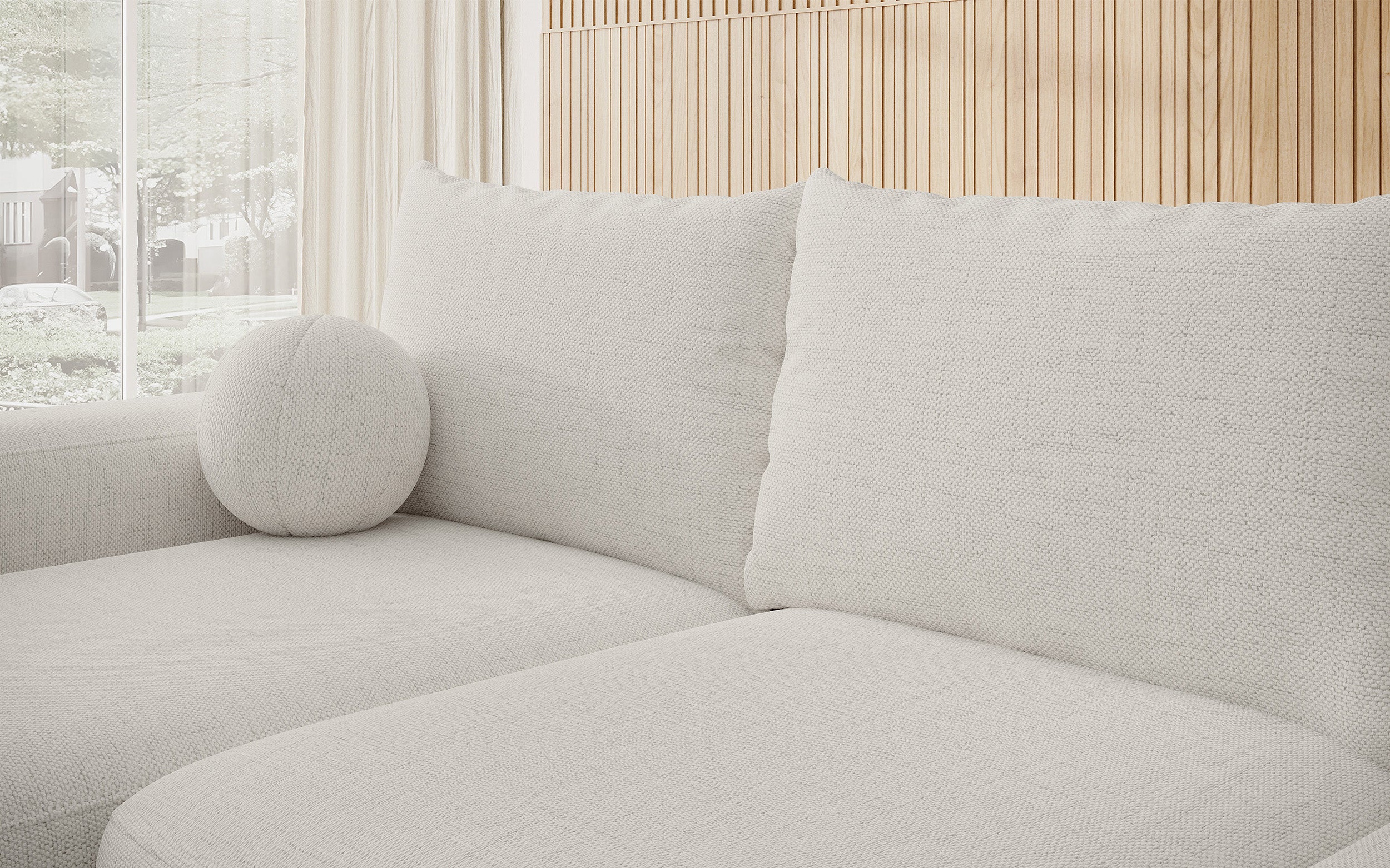 Ecksofa mit Schlaffunktion Carnos, L-förmig mit Ball, einzelne Kissen, cremefarbener hydrophober Chenille, linksseitig