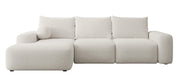 Ecksofa mit Schlaffunktion Carnos, L-förmig mit Ball, einzelne Kissen, cremefarbener hydrophober Chenille, linksseitig