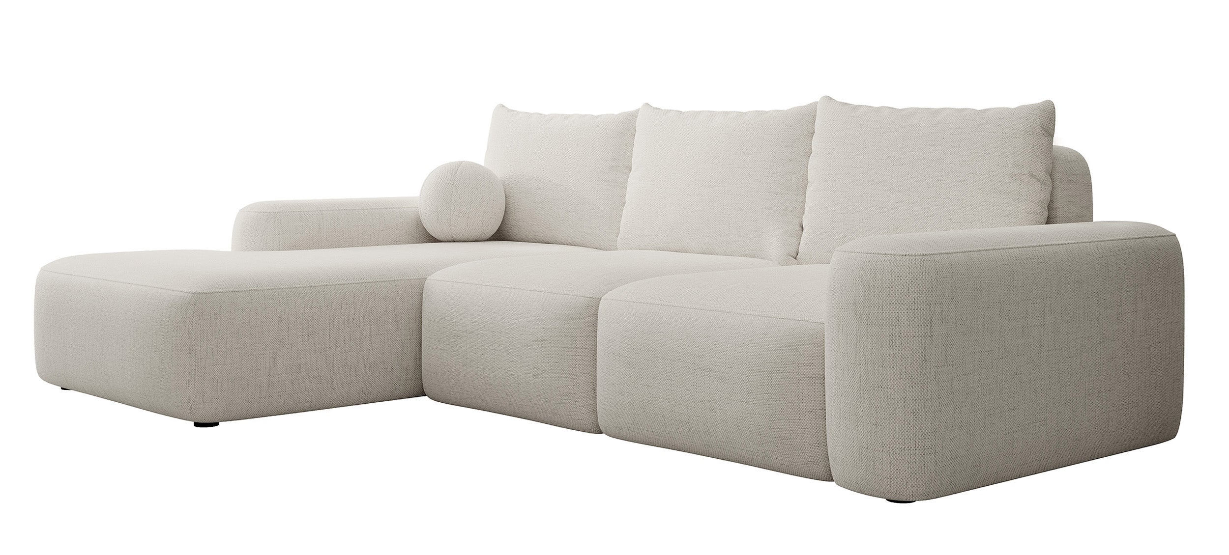 Ecksofa mit Schlaffunktion Carnos, L-förmig mit Ball, einzelne Kissen, cremefarbener hydrophober Chenille, linksseitig