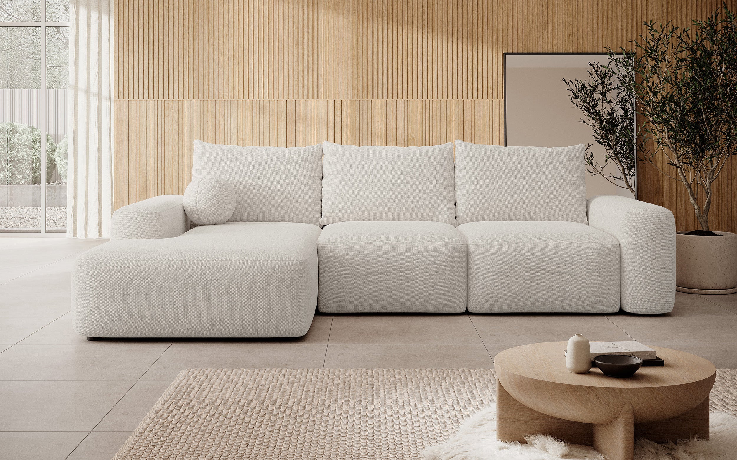 Ecksofa mit Schlaffunktion Carnos, L-förmig mit Ball, einzelne Kissen, cremefarbener hydrophober Chenille, linksseitig
