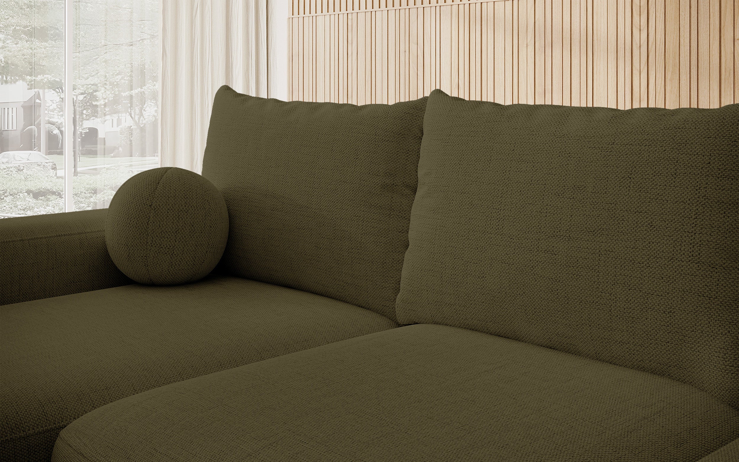 Ecksofa mit Schlaffunktion Carnos, L-förmig, mit Ball, einzelne Kissen, olivgrüner hydrophober Chenille, linksseitig