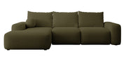 Ecksofa mit Schlaffunktion Carnos, L-förmig, mit Ball, einzelne Kissen, olivgrüner hydrophober Chenille, linksseitig