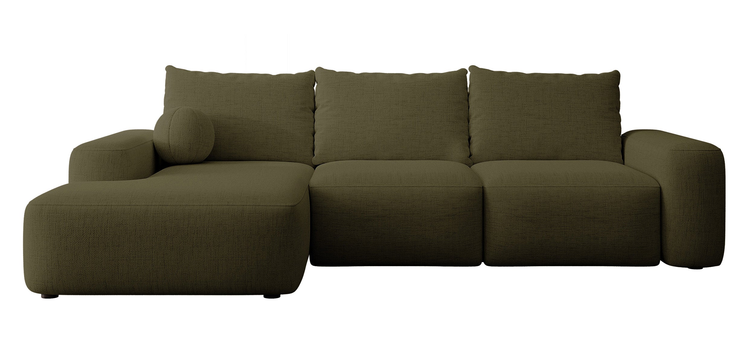 Ecksofa mit Schlaffunktion Carnos, L-förmig, mit Ball, einzelne Kissen, olivgrüner hydrophober Chenille, linksseitig