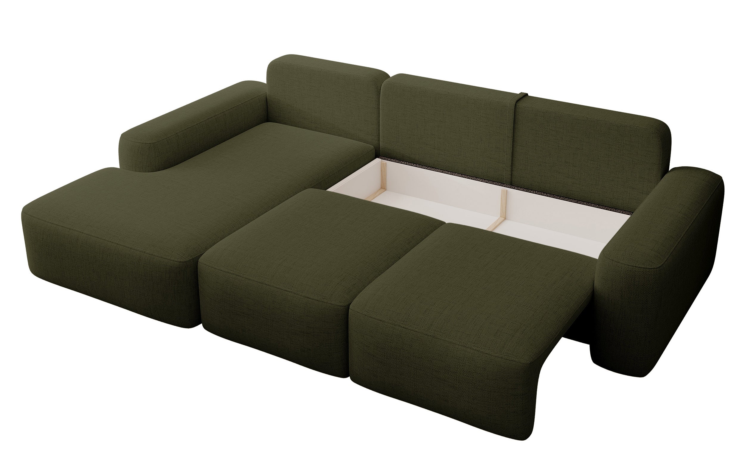 Ecksofa mit Schlaffunktion Carnos, L-förmig, mit Ball, einzelne Kissen, olivgrüner hydrophober Chenille, linksseitig