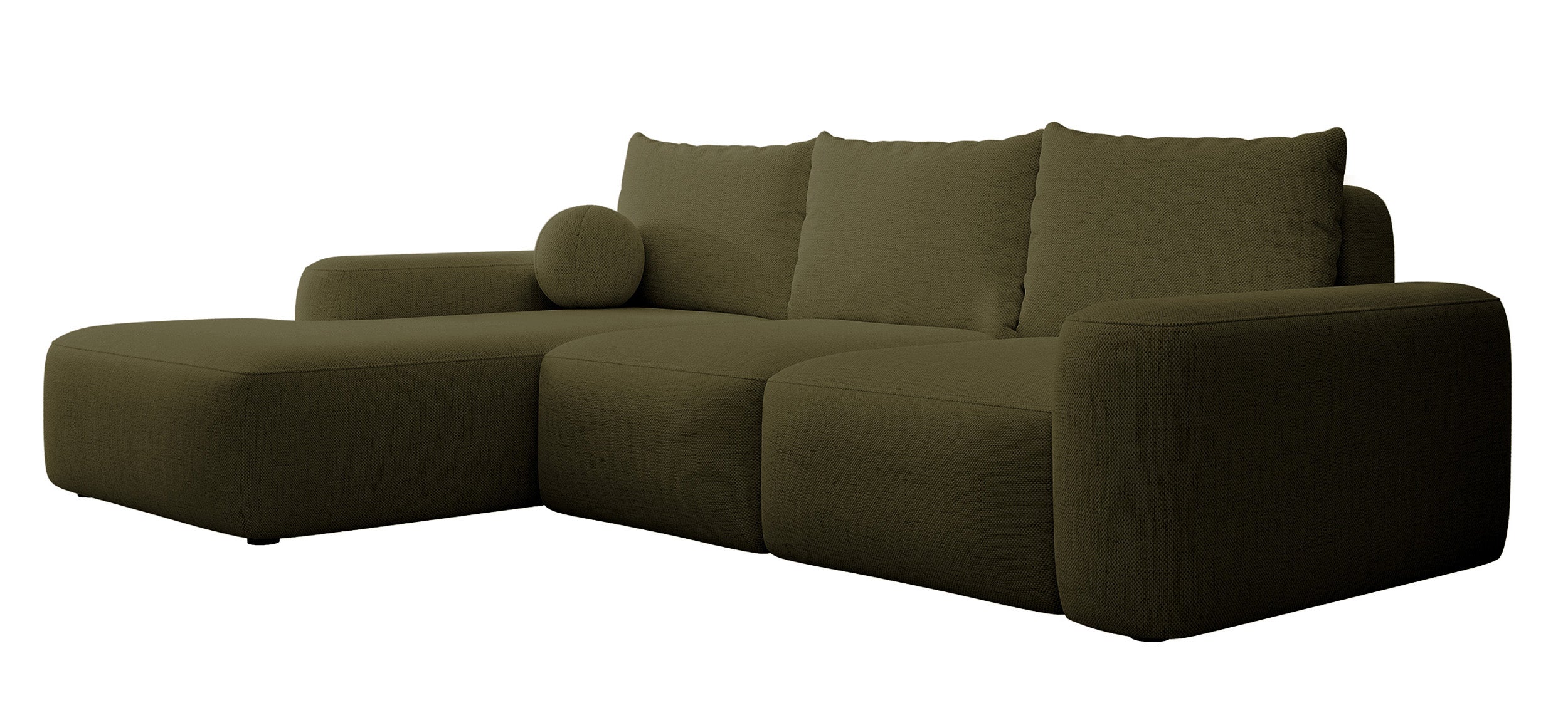 Ecksofa mit Schlaffunktion Carnos, L-förmig, mit Ball, einzelne Kissen, olivgrüner hydrophober Chenille, linksseitig
