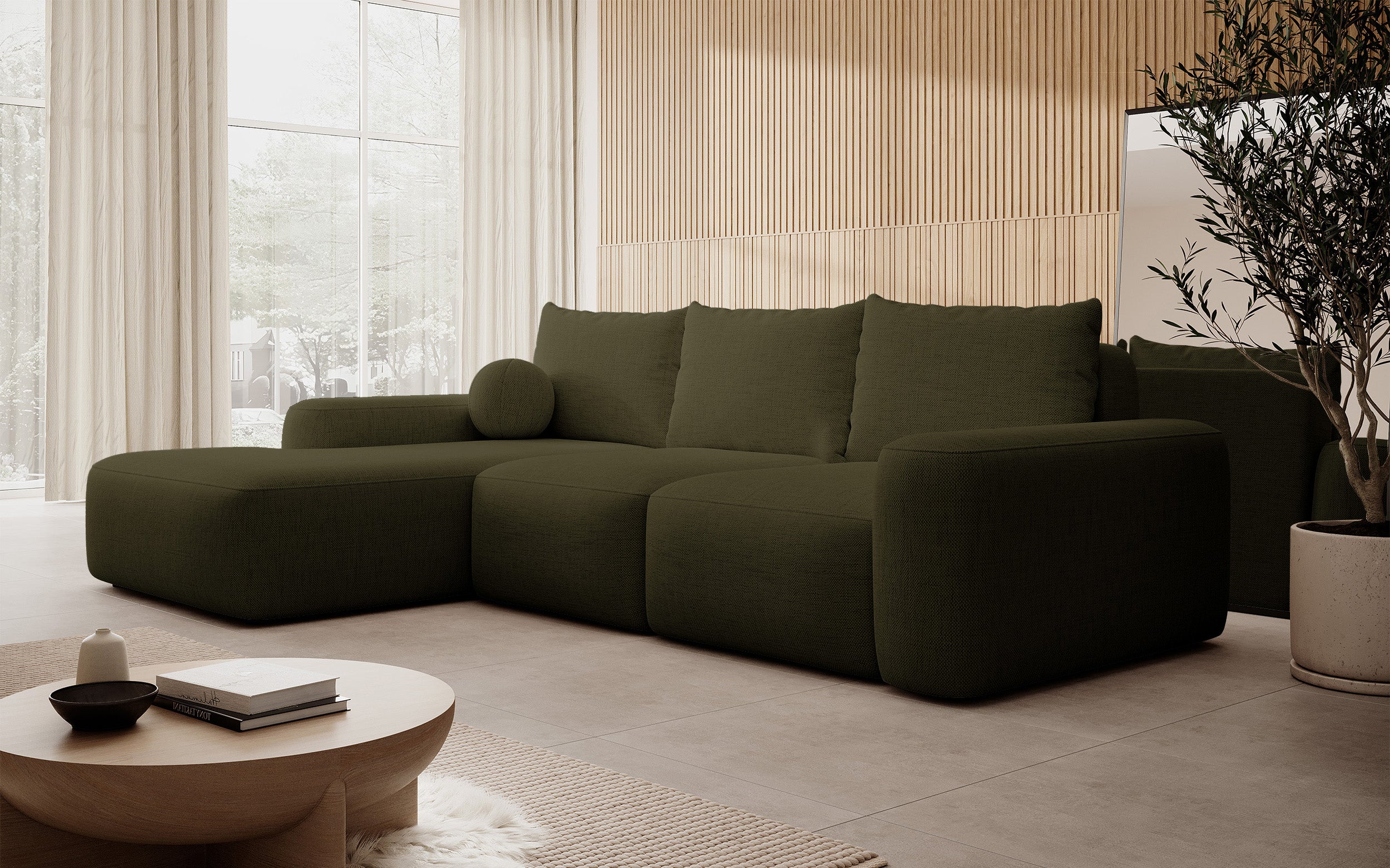 Ecksofa mit Schlaffunktion Carnos, L-förmig, mit Ball, einzelne Kissen, olivgrüner hydrophober Chenille, linksseitig