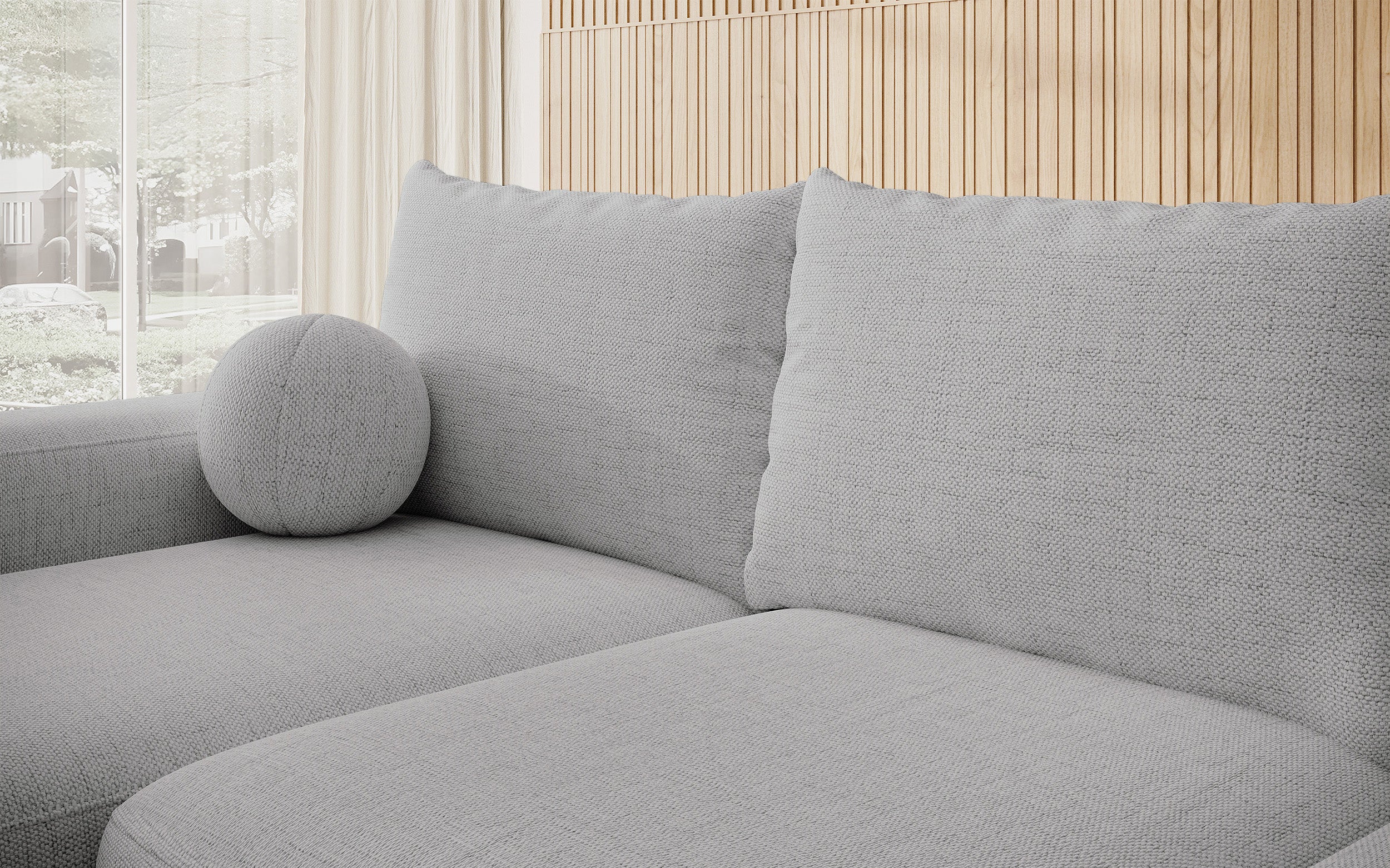 Ecksofa mit Schlaffunktion Carnos L-förmig mit Ball, einzelne Kissen, grauer hydrophober Chenille, linksseitig