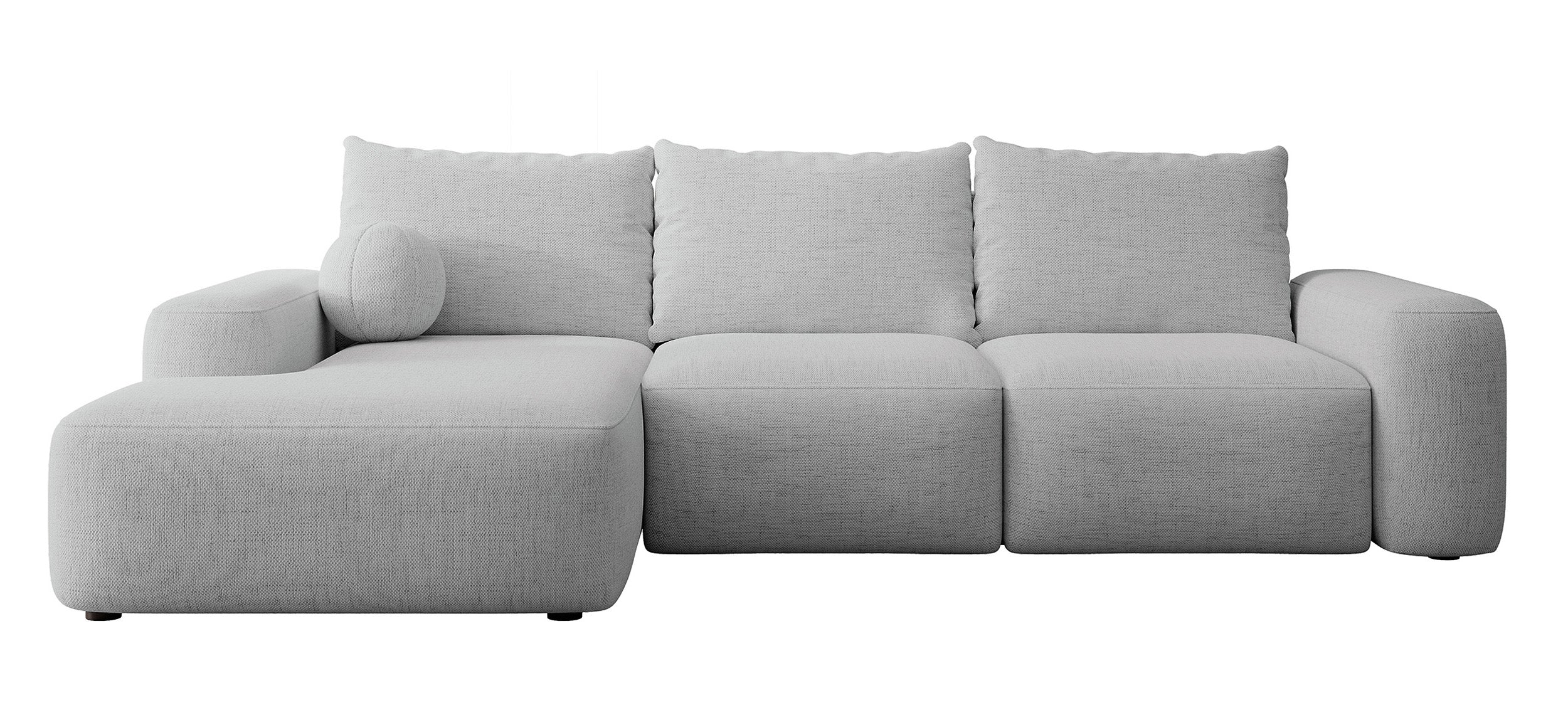 Ecksofa mit Schlaffunktion Carnos L-förmig mit Ball, einzelne Kissen, grauer hydrophober Chenille, linksseitig