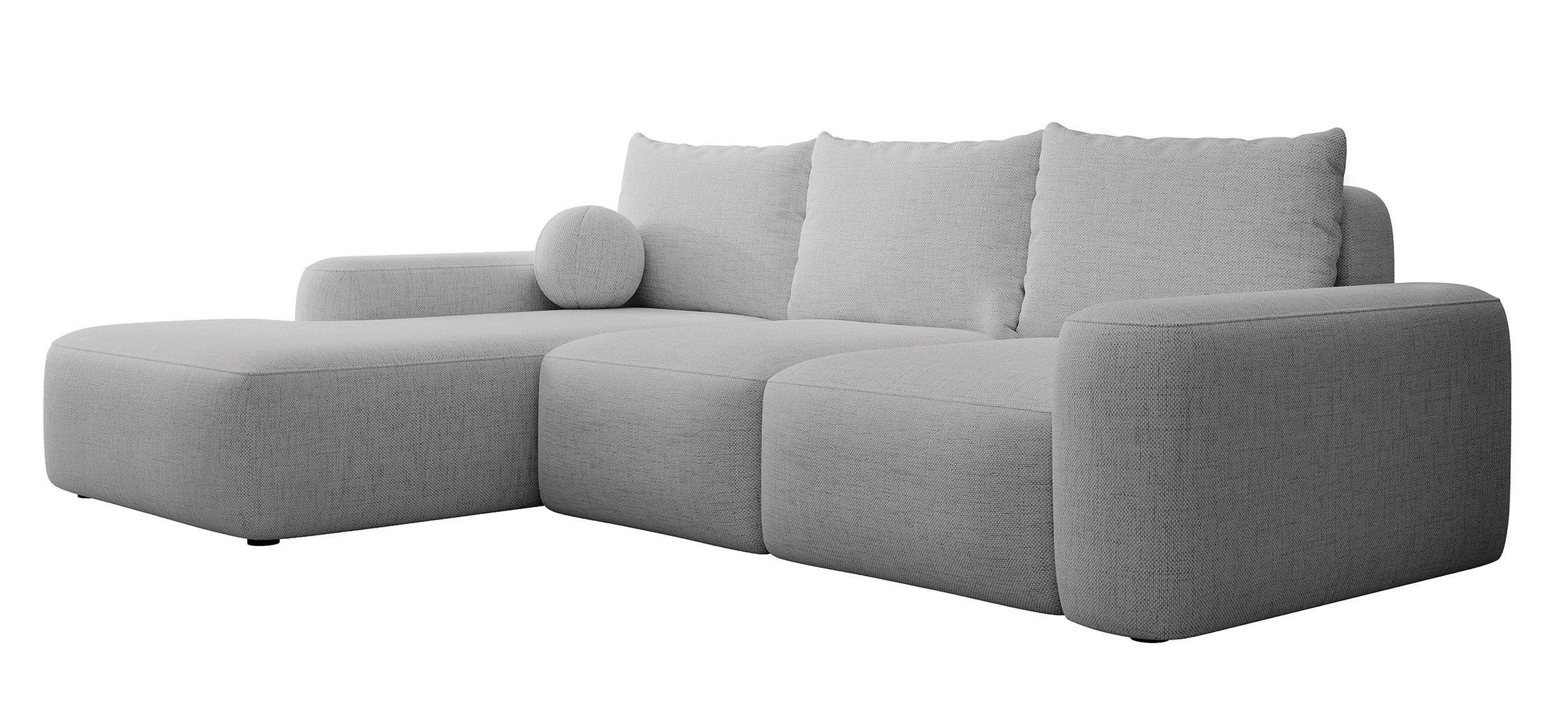 Ecksofa mit Schlaffunktion Carnos L-förmig mit Ball, einzelne Kissen, grauer hydrophober Chenille, linksseitig