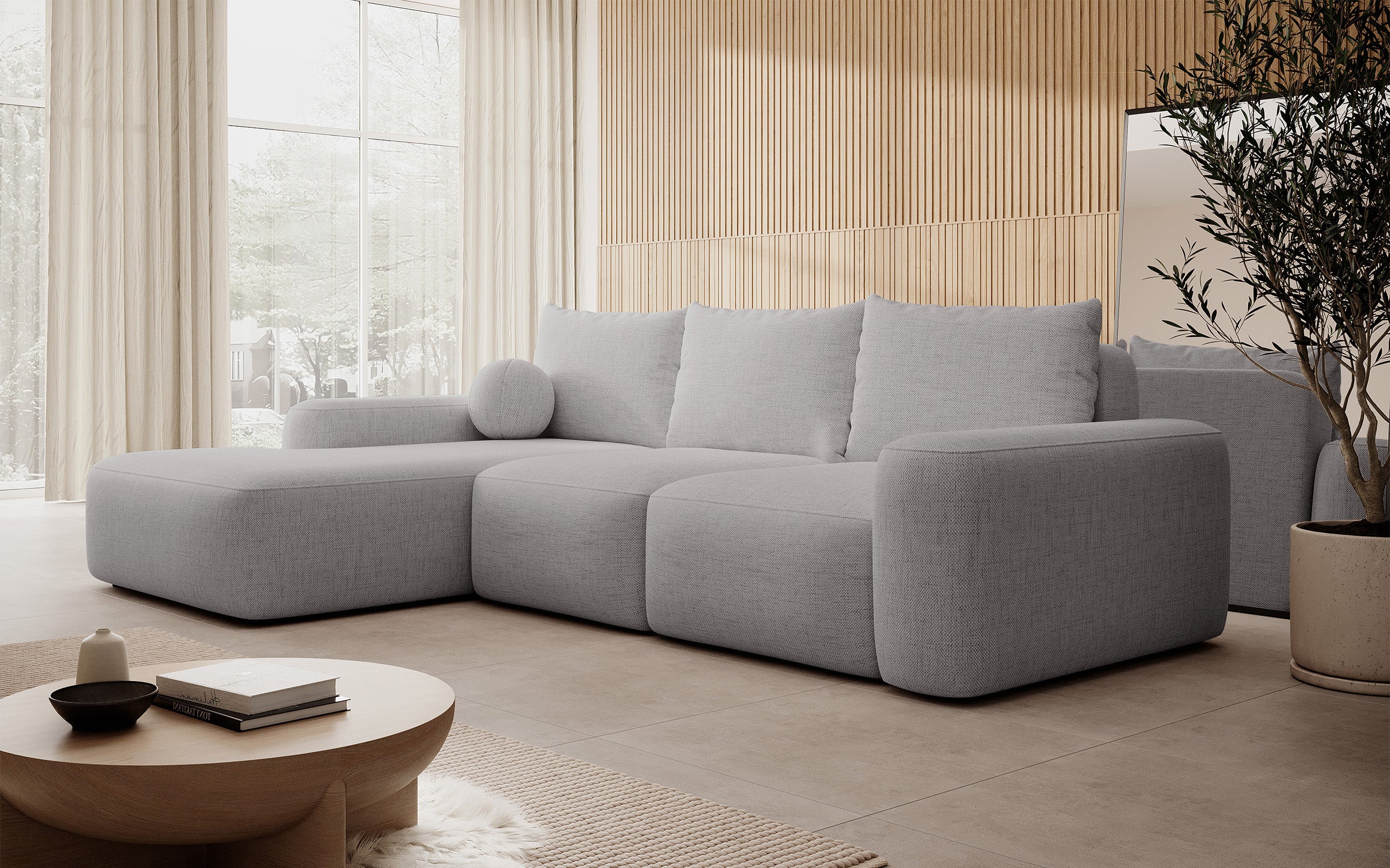 Ecksofa mit Schlaffunktion Carnos L-förmig mit Ball, einzelne Kissen, grauer hydrophober Chenille, linksseitig