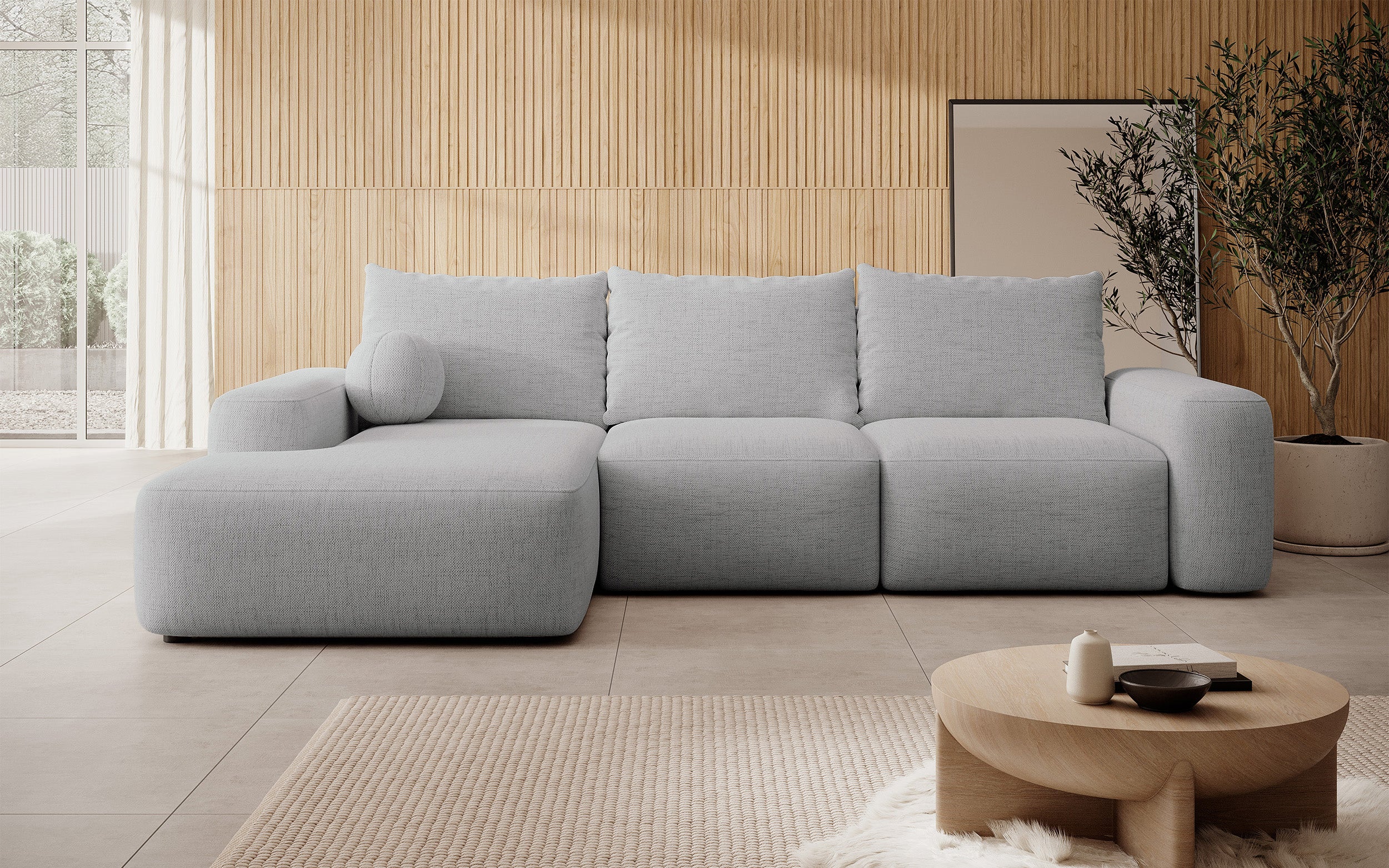 Ecksofa mit Schlaffunktion Carnos L-förmig mit Ball, einzelne Kissen, grauer hydrophober Chenille, linksseitig