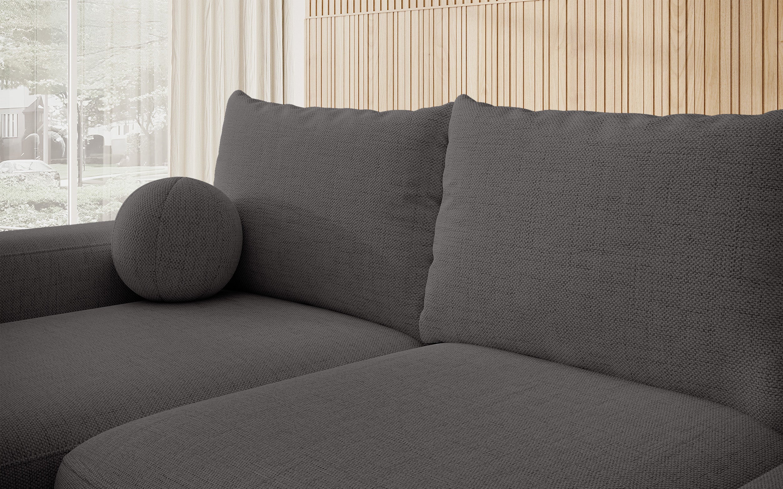 Ecksofa mit Schlaffunktion Carnos, L-förmig mit Ball, einzelne Kissen, dunkelgrauer hydrophober Chenille, linksseitig