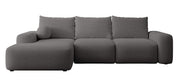 Ecksofa mit Schlaffunktion Carnos, L-förmig mit Ball, einzelne Kissen, dunkelgrauer hydrophober Chenille, linksseitig