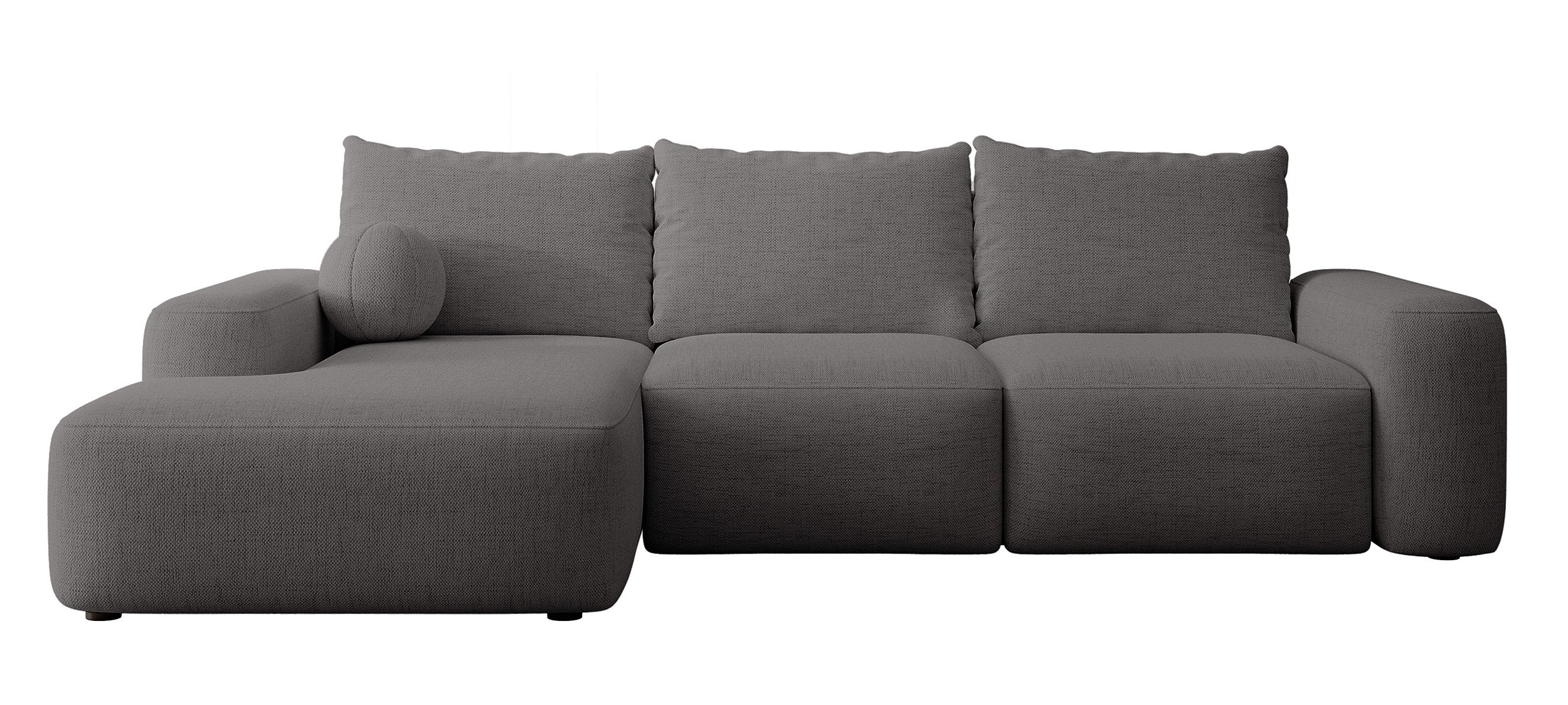 Ecksofa mit Schlaffunktion Carnos, L-förmig mit Ball, einzelne Kissen, dunkelgrauer hydrophober Chenille, linksseitig