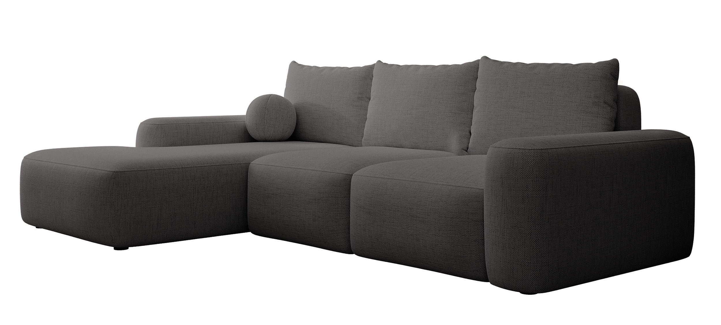 Ecksofa mit Schlaffunktion Carnos, L-förmig mit Ball, einzelne Kissen, dunkelgrauer hydrophober Chenille, linksseitig