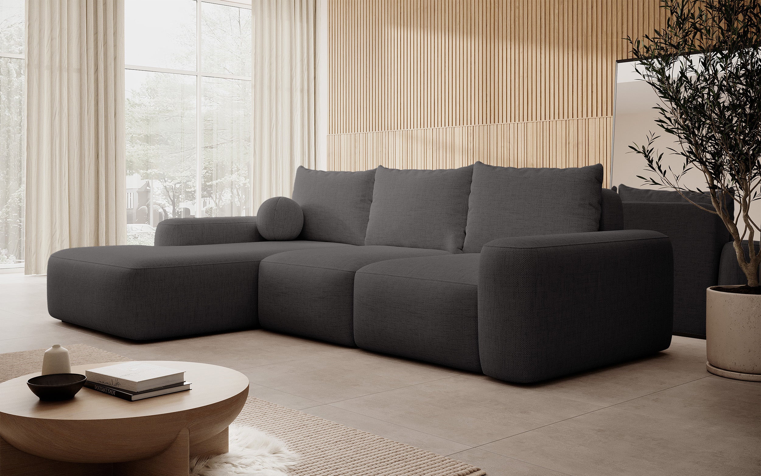 Ecksofa mit Schlaffunktion Carnos, L-förmig mit Ball, einzelne Kissen, dunkelgrauer hydrophober Chenille, linksseitig