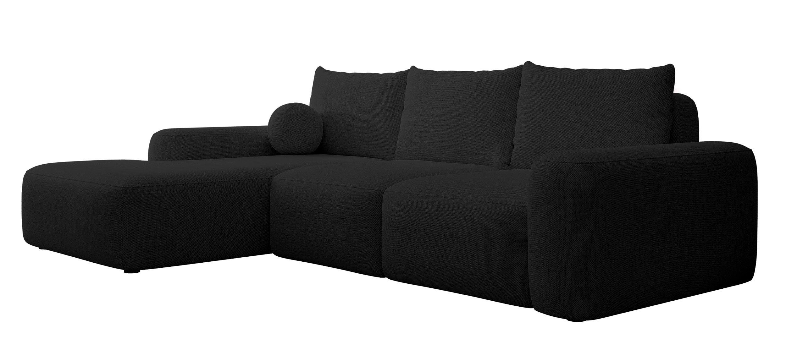Ecksofa mit Schlafunktion Carnos L-förmig mit Ball, einzelne Kissen, schwarzer hydrophober Chenille, linksseitig