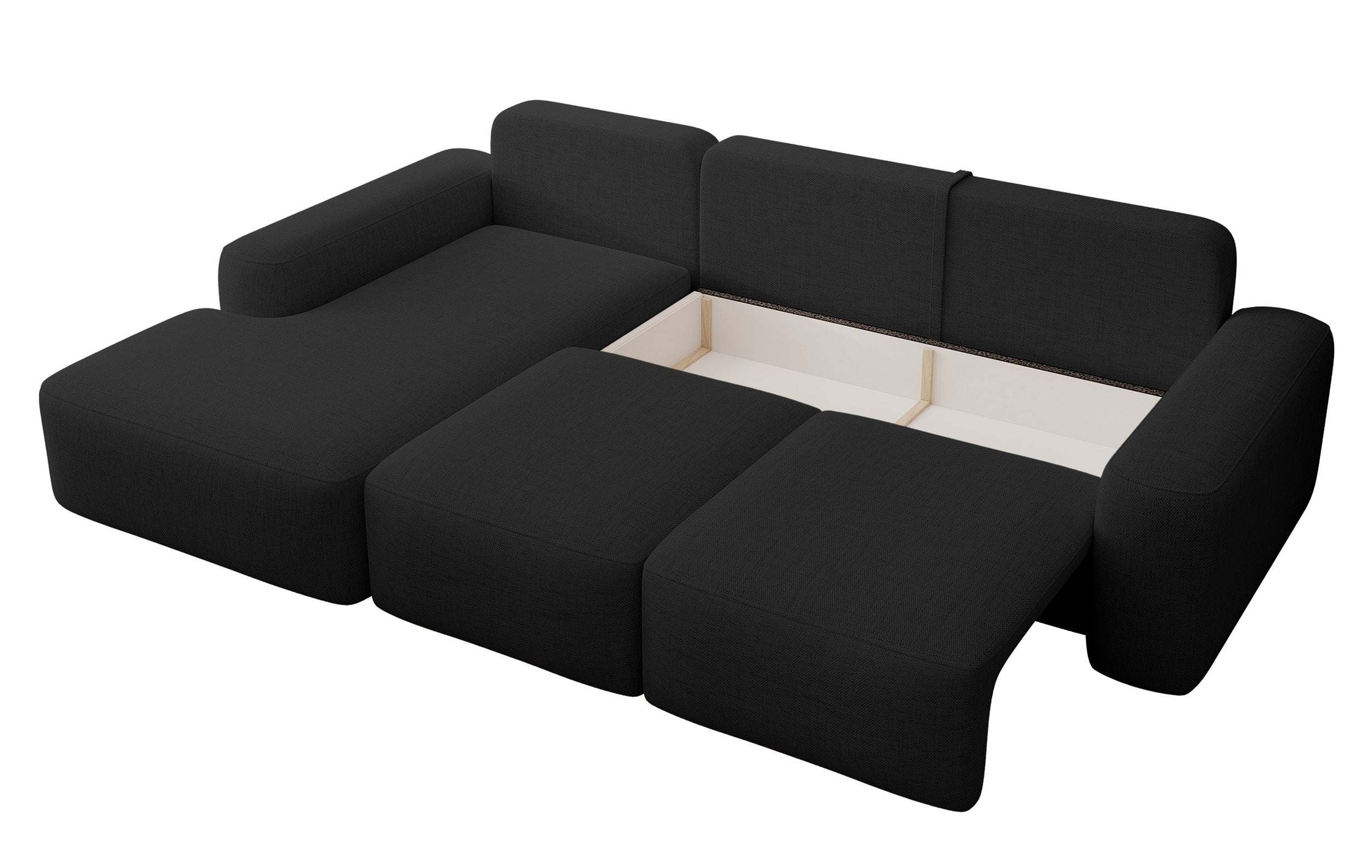 Ecksofa mit Schlafunktion Carnos L-förmig mit Ball, einzelne Kissen, schwarzer hydrophober Chenille, linksseitig