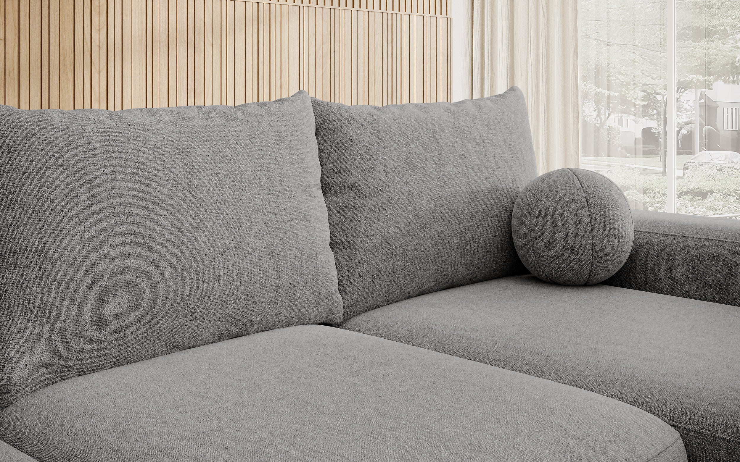 Ecksofa mit Schlaffunktion Carnos, L-förmig, mit Ball, einzelne Kissen, dunkelgrauer hydrophober Chenille-Stoff, rechtsseitig
