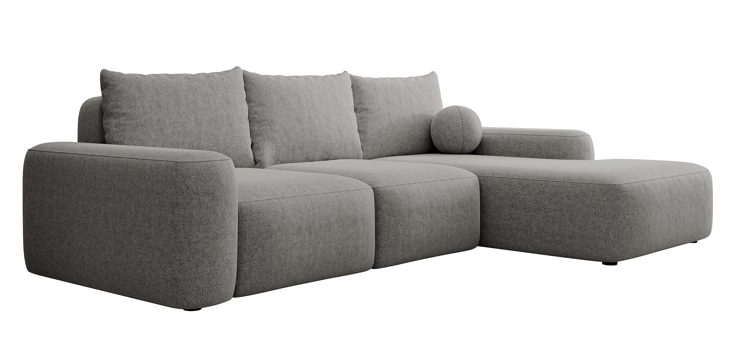 Ecksofa mit Schlaffunktion Carnos, L-förmig, mit Ball, einzelne Kissen, dunkelgrauer hydrophober Chenille-Stoff, rechtsseitig