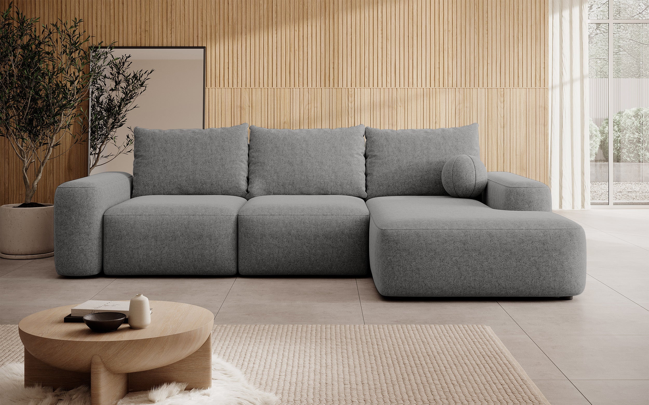 Ecksofa mit Schlaffunktion Carnos, L-förmig, mit Ball, einzelne Kissen, dunkelgrauer hydrophober Chenille-Stoff, rechtsseitig