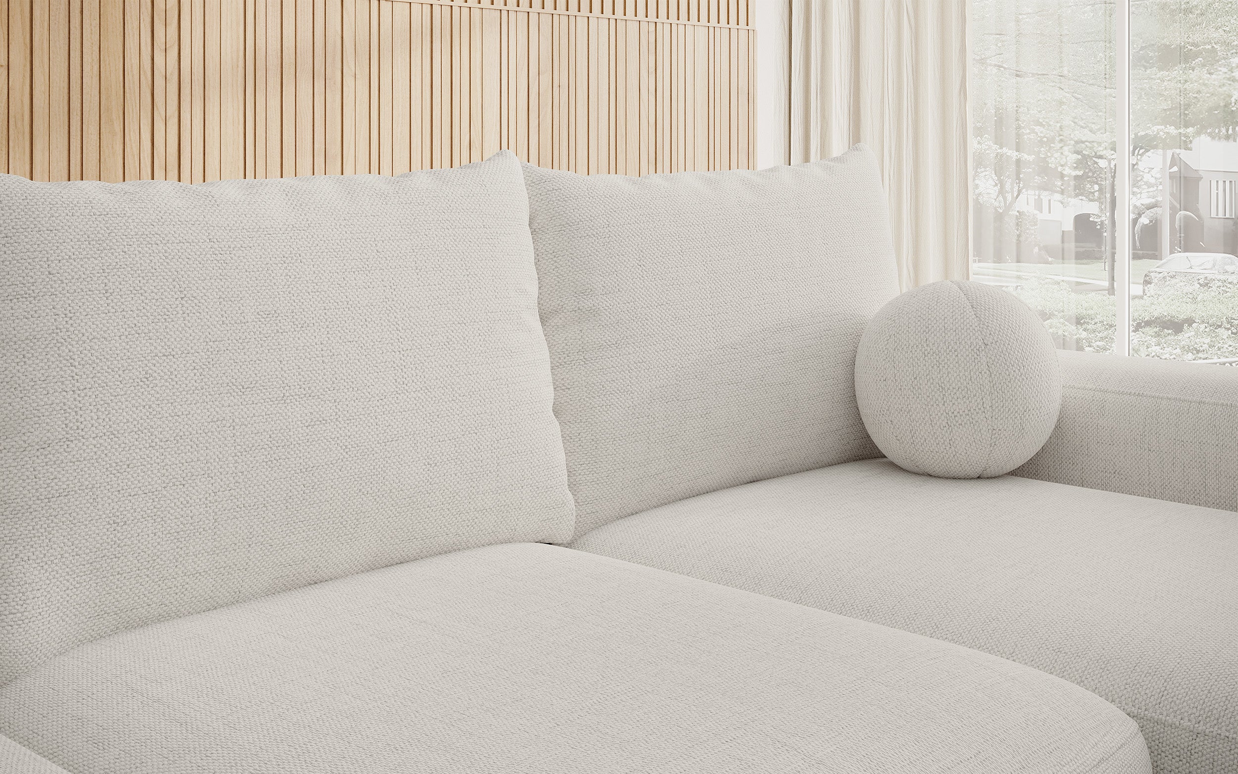 Ecksofa mit Schlaffunktion Carnos, L-förmig mit Ball, einzelne Kissen, cremefarbenes hydrophobes Chenille, rechtsseitig