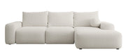 Ecksofa mit Schlaffunktion Carnos, L-förmig mit Ball, einzelne Kissen, cremefarbenes hydrophobes Chenille, rechtsseitig